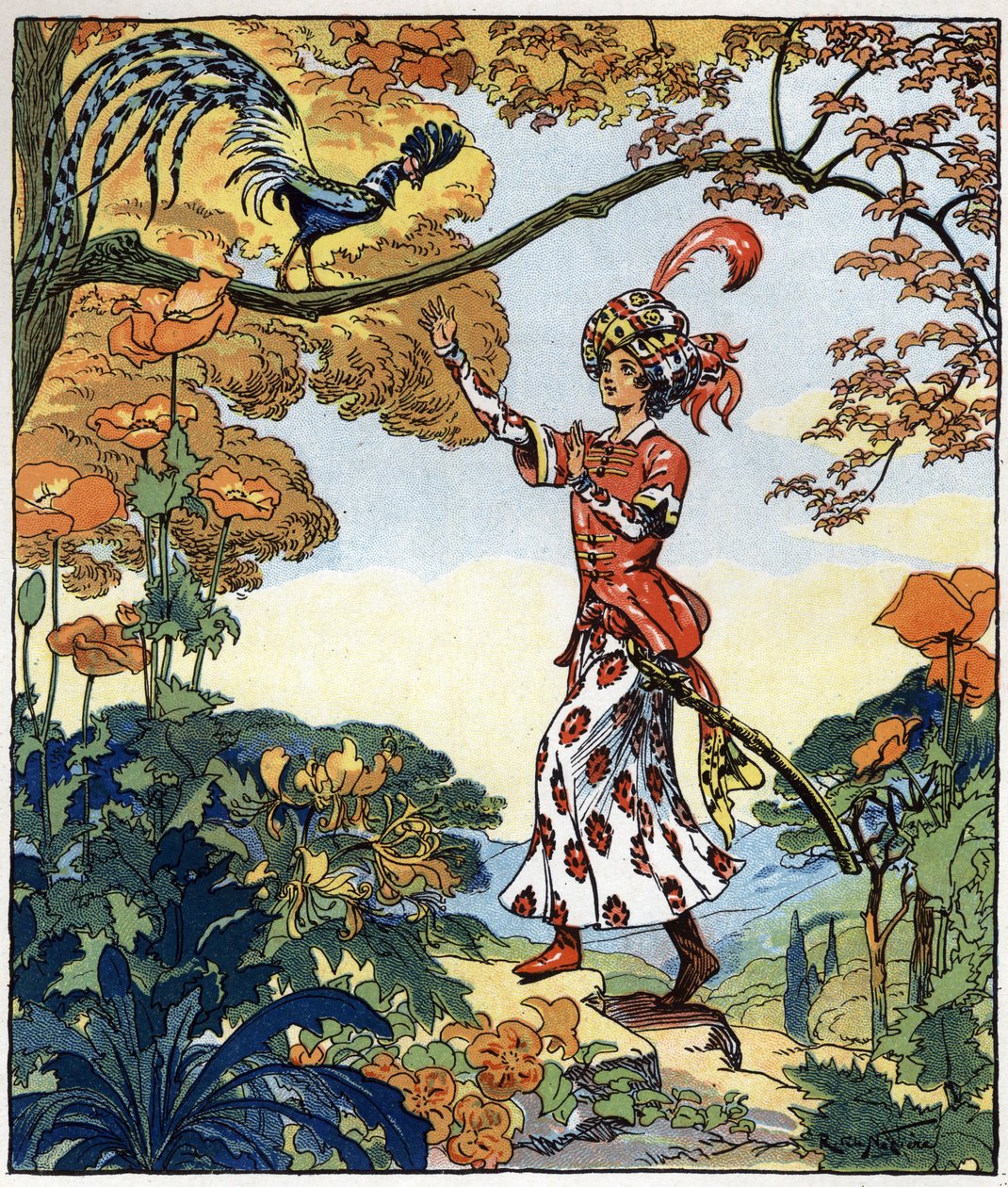 Parizade podbiegł do ptaka i położył na nim rękę: ilustracja do baśni "Aladyn albo cudowna lampa" w "Arabskich nocach". autorstwa Raymond de la Neziere