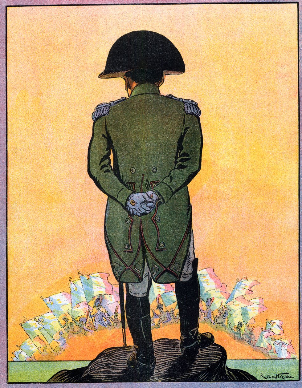 Portret Napoleona I (1769-1821) na wyspie Świętej Heleny. Napoleon I na wyspie Świętej Heleny (Sainte-Helene) z "Nos-Gloires-Nationales" ok. 1920 r. (rycina) autorstwa Raymond de la Neziere