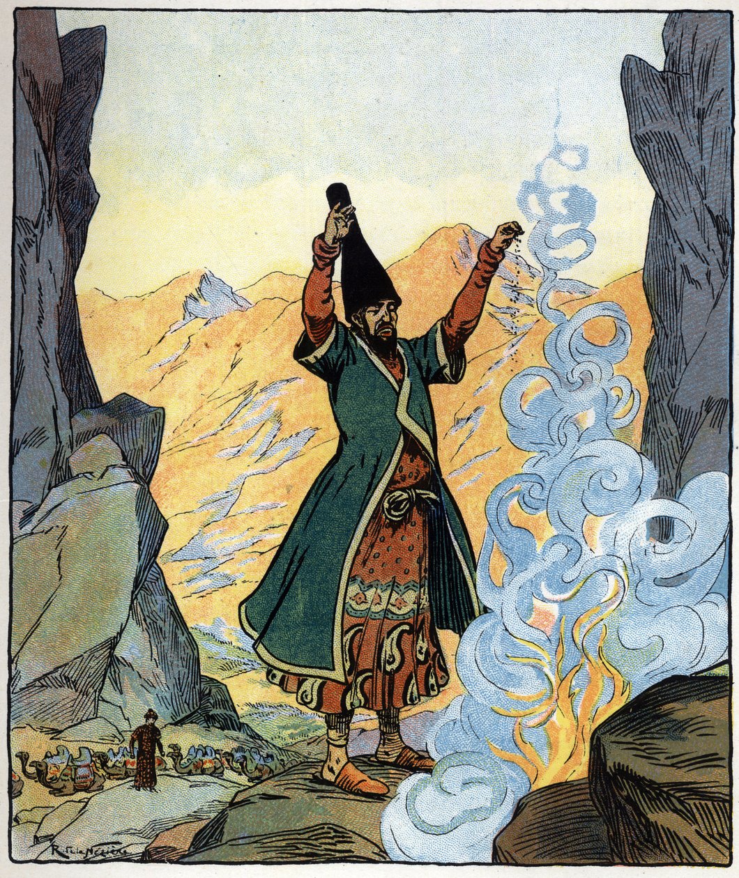 Mnich derwisz rozpala ogień i zrasza go: ilustracja do baśni "Aladyn albo cudowna lampa" w "Arabskich nocach". autorstwa Raymond de la Neziere