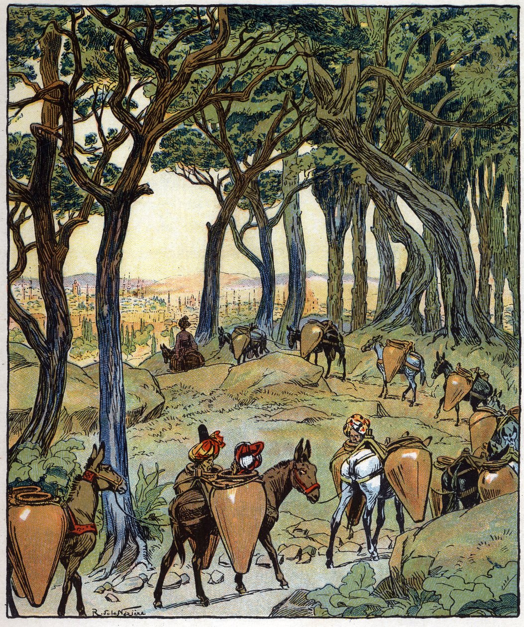 Cała karawana udała się w drogę do miasta: ilustracja do baśni "Aladyn albo cudowna lampa" w "Arabskich nocach". autorstwa Raymond de la Neziere