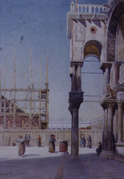 Widok z portyku św. Marka Wenecja, ukazujący odbudowę dzwonnicy, 1908 autorstwa Reginald Barratt