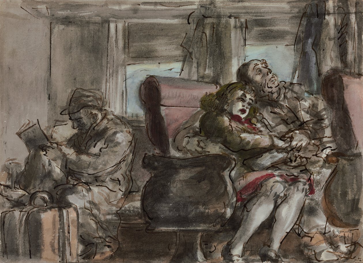 Pasażerowie w wagonie pociągu (akwarela, tusz i ołówek na papierze) autorstwa Reginald Marsh