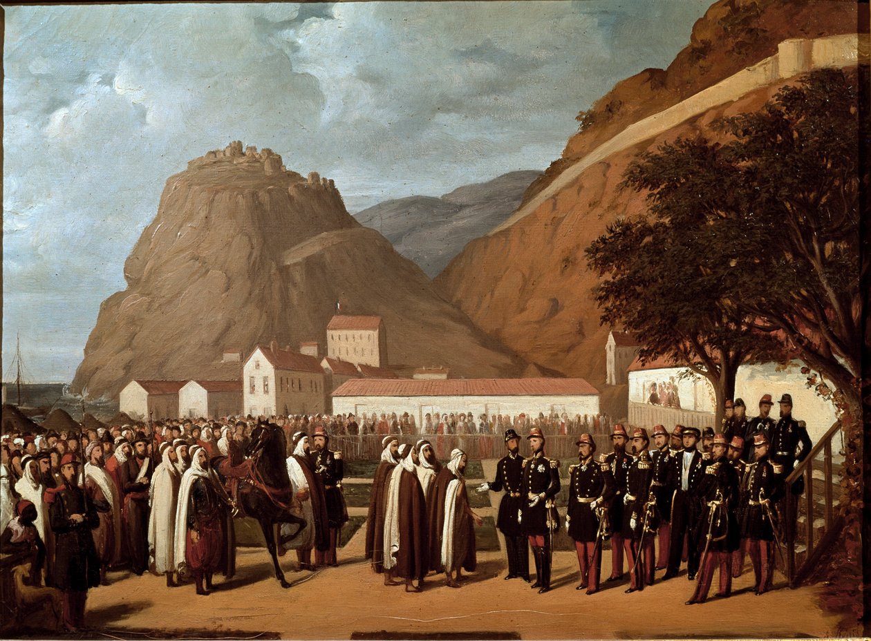 Podbój Algierii (1830-1847): poddanie Abd el-Kadera (Abd-el-Kader lub ibn Muhyi al-Din al-Hasani (al Din al-Hasani) (1808-1883) księciu Aumale i Francuzom Armee w dniu 24.12.1847 r. - Obraz Regisa Augustina (1813-1880) XIX-wieczny Muscle autorstwa Regis Augustin