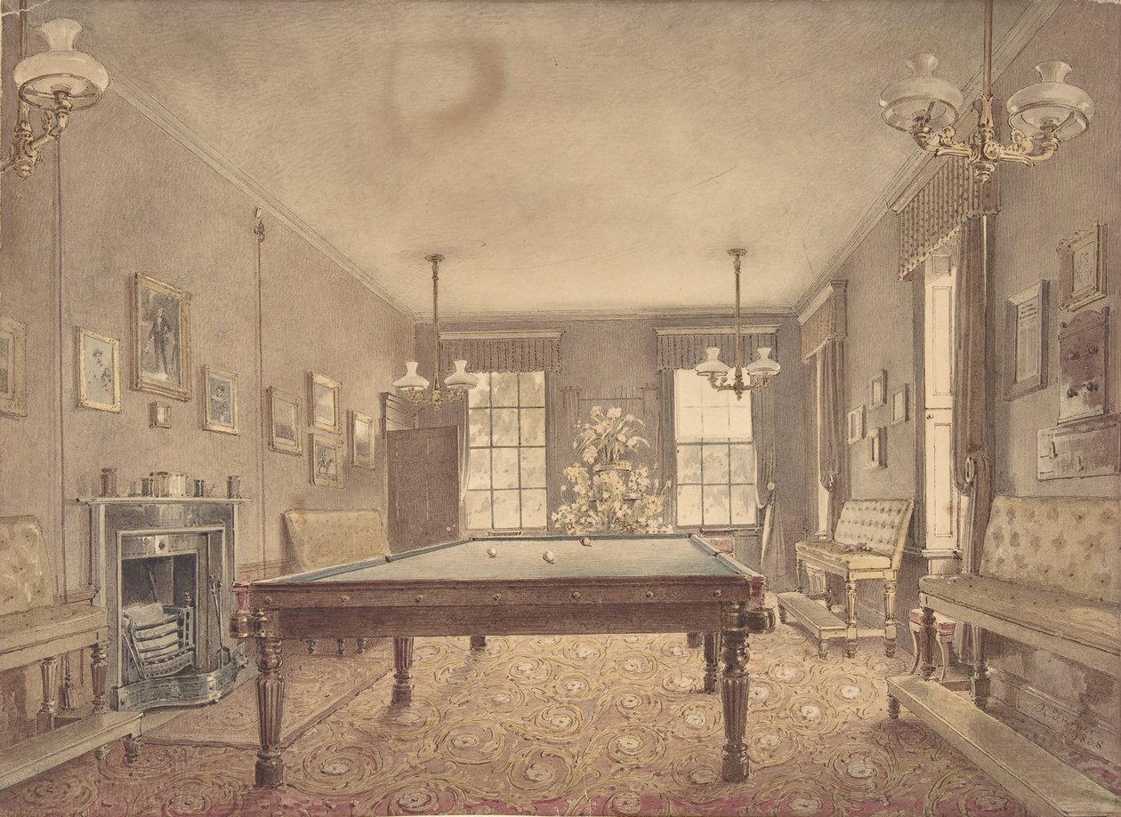 Wnętrze sali bilardowej w Lupton House, Devonshire, proj. George..., 1838. autorstwa Reid Turner
