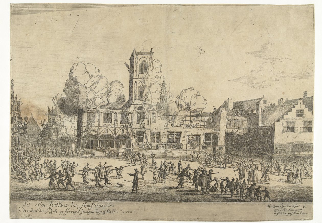 Pożar starego ratusza w Amsterdamie Stary ratusz w Amsterdamie spłonął 7 lipca w niedzielę rano o wpół do drugiej Ao 1652 (tytuł na obiekcie) autorstwa Reinier Nooms