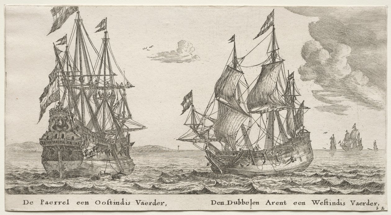 Statki Amsterdamu: Perła i East Indiaman, The Double Eagle, West Indiaman. autorstwa Reinier Nooms