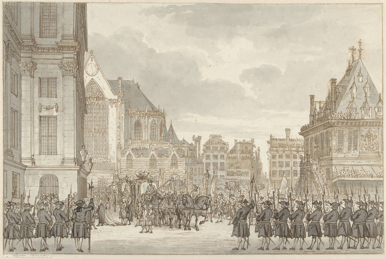 Przybycie księcia Wilhelma V i Fryderyki Sophii Wilhelminy z Prus do ratusza na placu Dam w Amsterdamie, 30 maja 1768 autorstwa Reinier Vinkeles (I)
