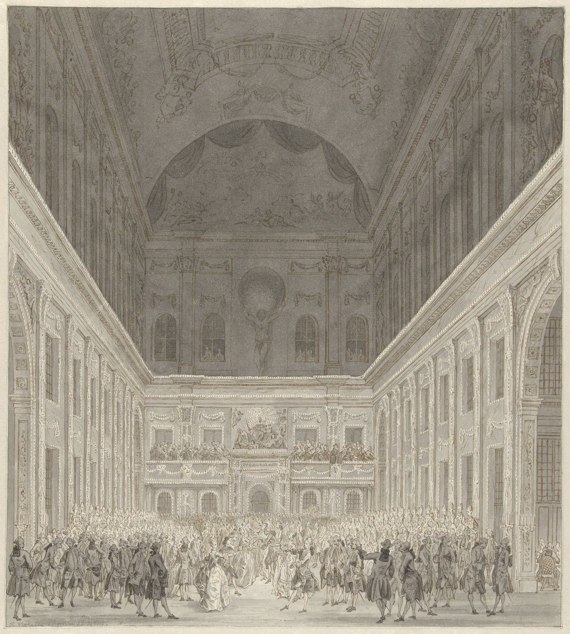 Bal w Sali Obywatelskiej Ratusza Amsterdamskiego na cześć wizyty księcia Wilhelma V i Wilhelminy Pruskiej, czerwiec 1768 autorstwa Reinier Vinkeles (I)