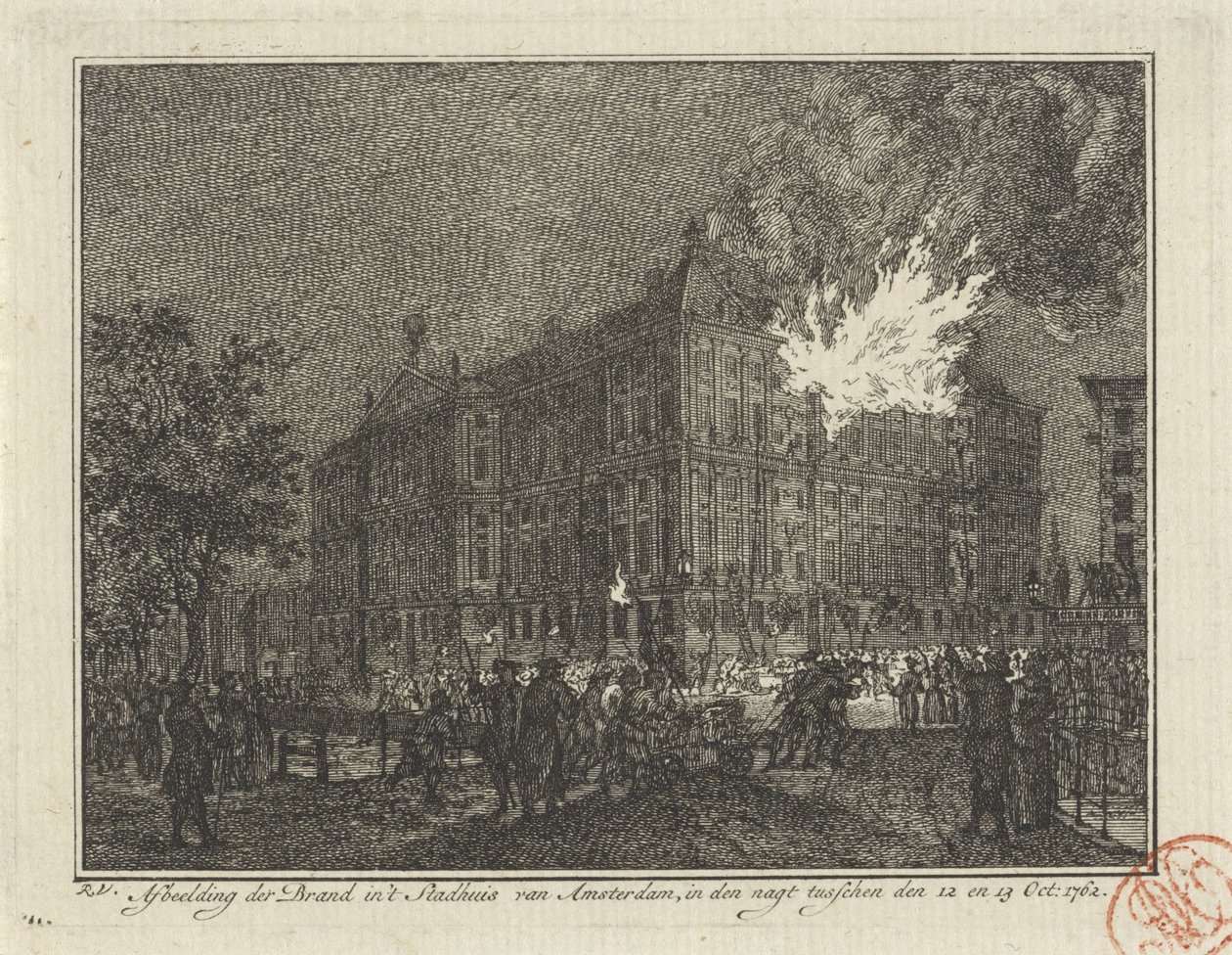 Pożar w ratuszu w Amsterdamie, 1762 Przedstawienie ognia w ratuszu w Amsterdamie, w nocy z 12 na 13 października: 1762 (tytuł na obiekcie) autorstwa Reinier Vinkeles (I)