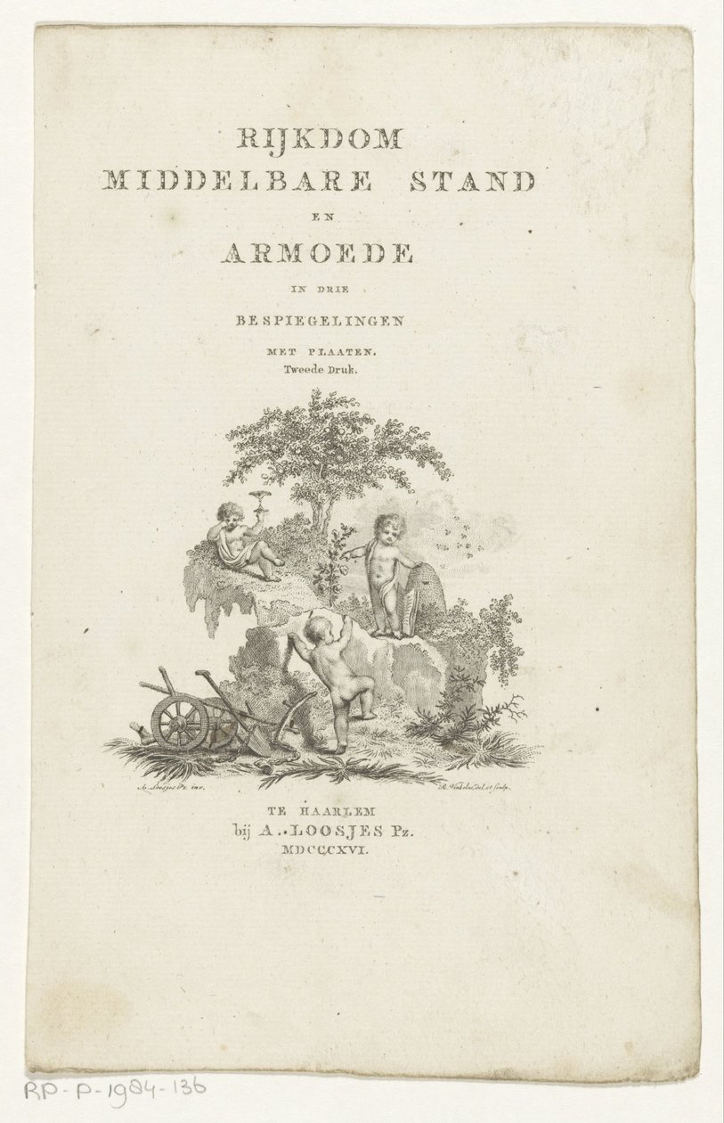 Trzy putta z atrybutami w górskim krajobrazie Strona tytułowa: Adrian Pietersz. Loosjes, Bogactwo klasy średniej i ubóstwo w trzech refleksjach, 1816 autorstwa Reinier Vinkeles (I)