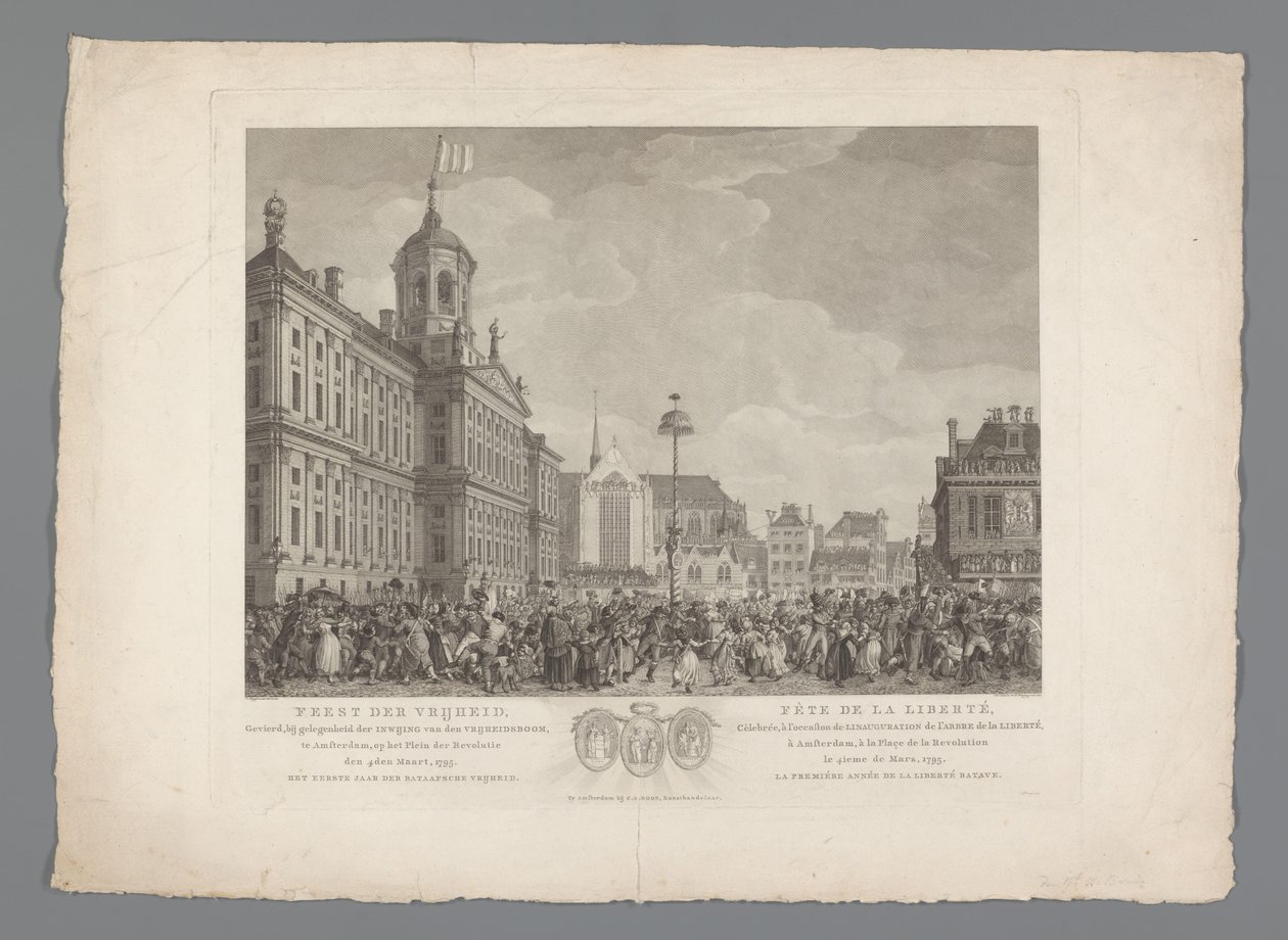 Święto Wolności na placu Dam w Amsterdamie, 4 marca 1795 r. Święto Wolności obchodzone z okazji inauguracji Drzewa Wolności w Amsterdamie, na Placu Rewolucji, 4 marca 1795 r. Pierwszy Rok Wolności Batawów / Fête de la L autorstwa Reinier Vinkeles (I)