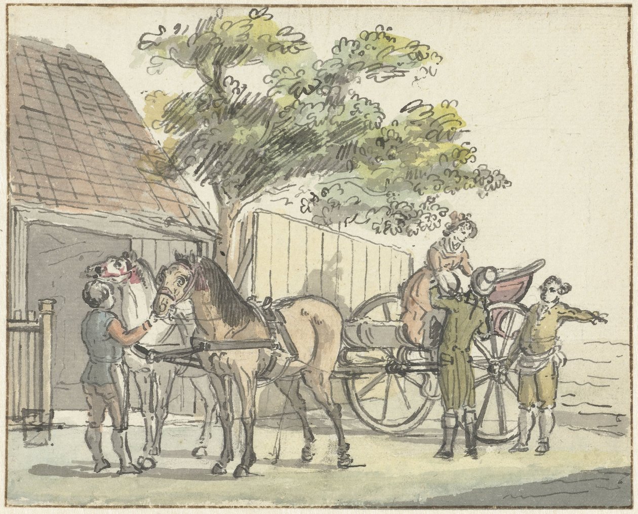 Wagon z dwoma końmi w restauracji De Donkere Kuil niedaleko Haarlem autorstwa Reinier Vinkeles (I)