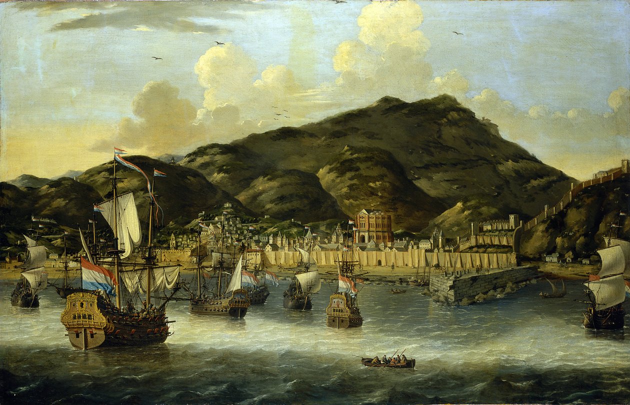 Holenderskie statki u wybrzeży Trypolisu (Libia) z murami obronnymi portu i miasta. Obraz olejny autorstwa Reiniera Noomsa (1623-1667). autorstwa Reinier Zeeman