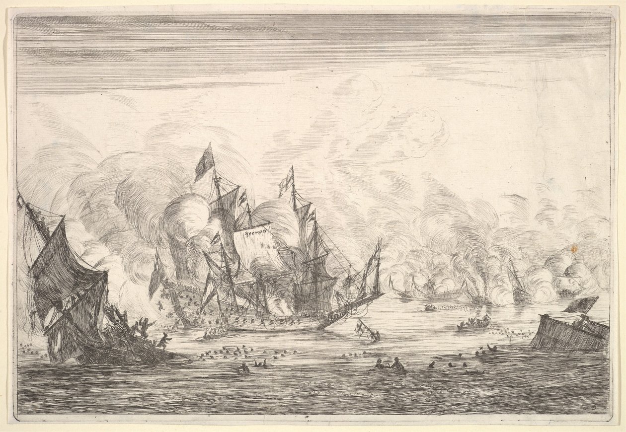 Bitwa morska z założycielem angielskiego okrętu po lewej stronie, z Naval Battles Nieuwe Sc..., 1652-54. autorstwa Reinier Zeeman