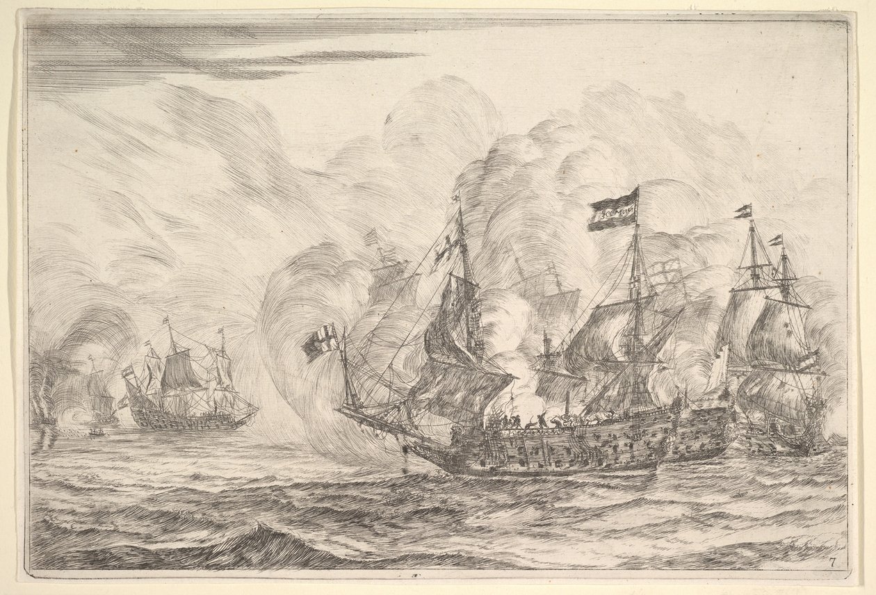 Spotkanie morskie z trzema okrętami po prawej stronie, z bitew morskich Nieuwe Scheeps Bat..., 1652-54. autorstwa Reinier Zeeman