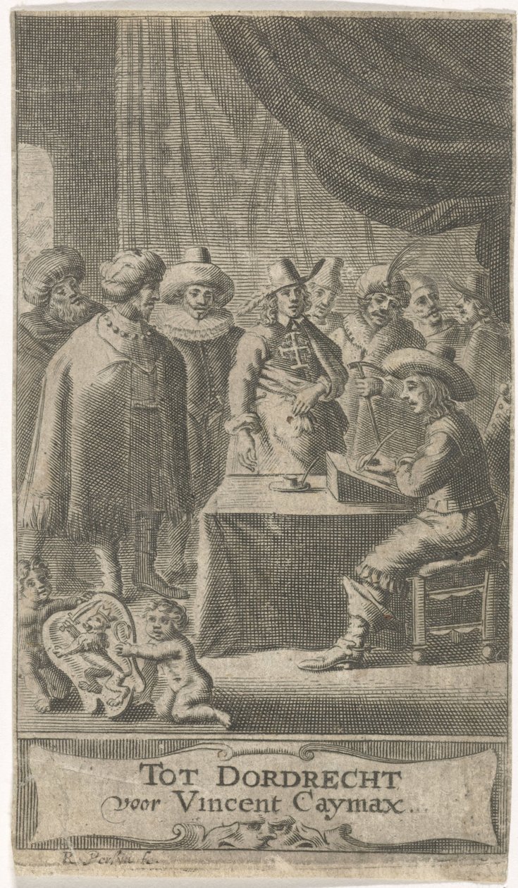 Kupiec przy biurku Strona tytułowa dla: J. van der Does e.a., Verscheyde voyagien, ofte reysen, 1652 autorstwa Reinier van Persijn