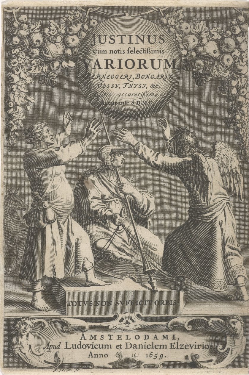 Minerva en twee geketende figuren Tytuł strony voor: A. Thysius, Justinus cum notis selectissimis variorum Berneggerj, Bongarsy, Vossy, Thysy, itd., 1659 autorstwa Reinier van Persijn