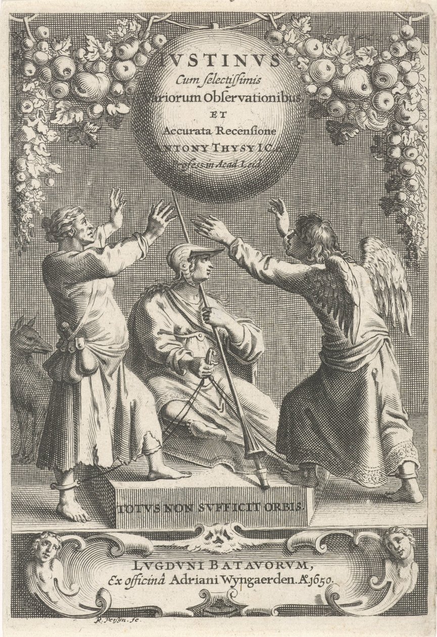 Minerva en twee geketende figuren Titelpagina voor: A. Thysius, Justinus z najczęściej wybieranymi różnymi obserwacjami i szczegółowym przeglądem, 1650 autorstwa Reinier van Persijn