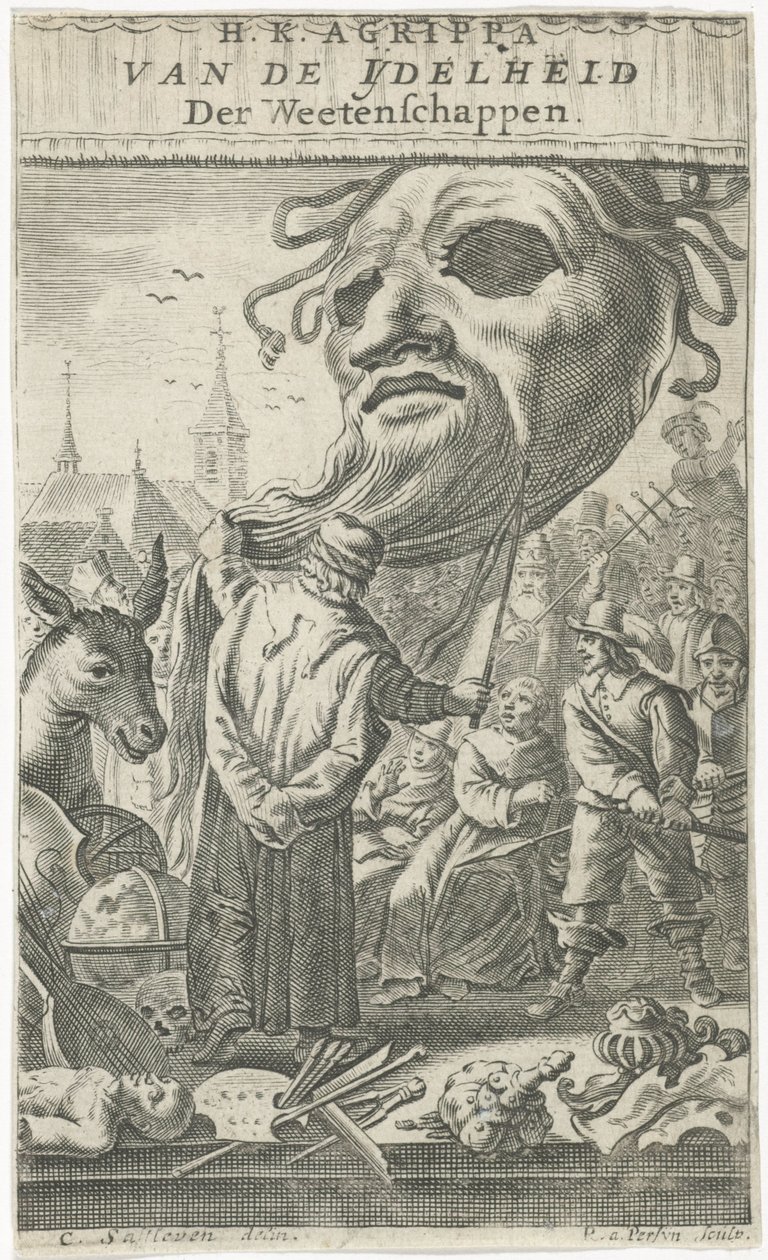 Kreskówka o sztuce Strona tytułowa dla: J. Oudaen, Agryppa, Z próżności nauk, 1661 autorstwa Reinier van Persijn