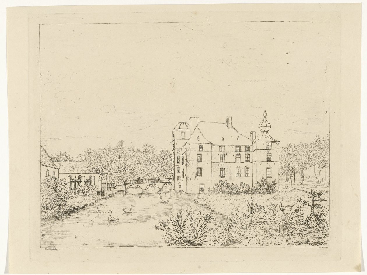 Widok z boku na zamek Cannenburch z domami przy moście wejściowym autorstwa Reinierus Albertus Ludovicus baron van Isendoorn à Blois