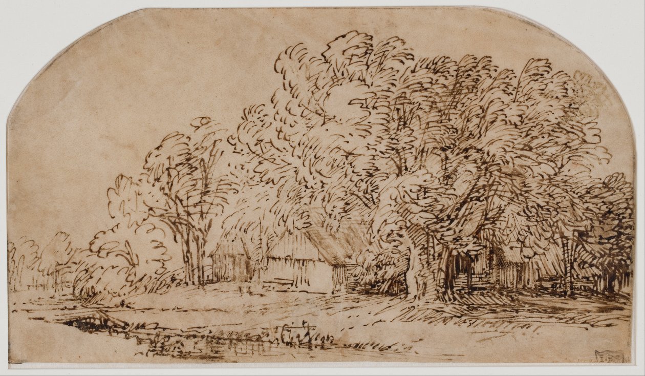 Krajobraz z domkami pod wysokimi drzewami autorstwa Rembrandt van Rijn