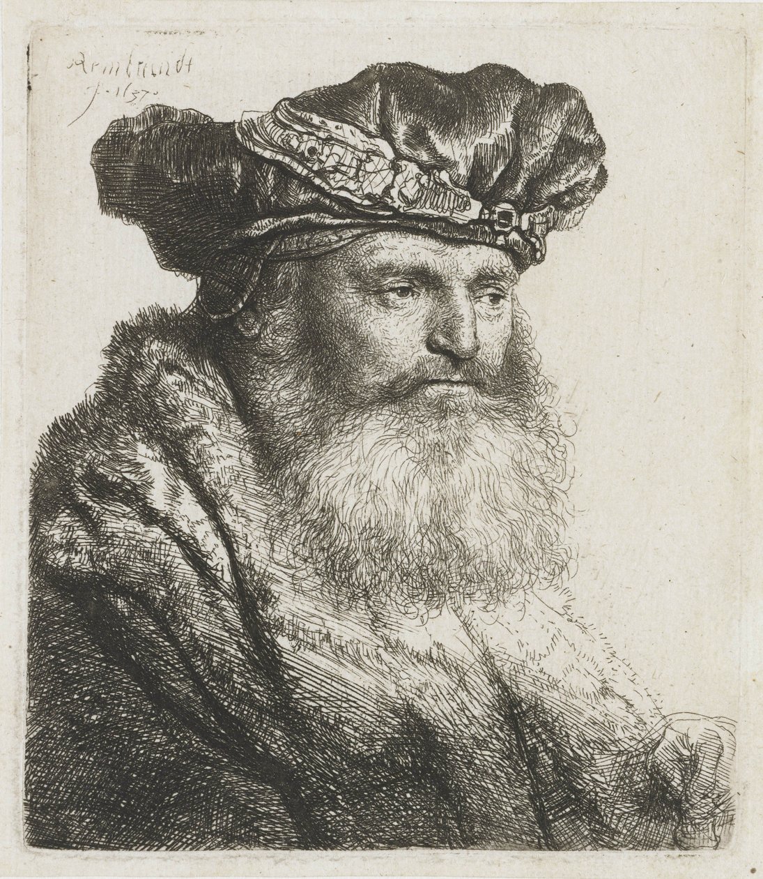 Brodaty mężczyzna w aksamitnym berecie z wysadzanym klejnotami zapięciem, 1637 autorstwa Rembrandt van Rijn