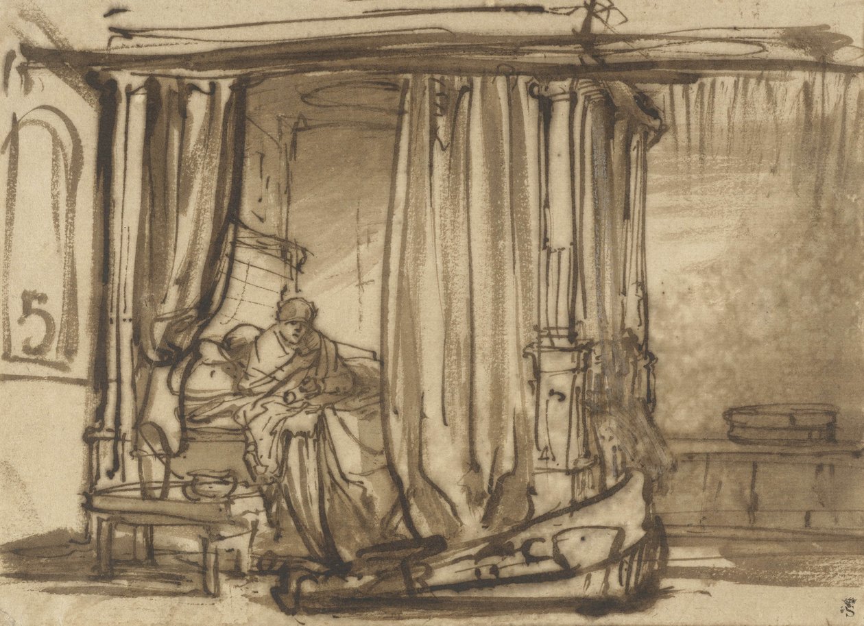 Sypialnia z Saskią w łóżku, ok.1638 autorstwa Rembrandt van Rijn