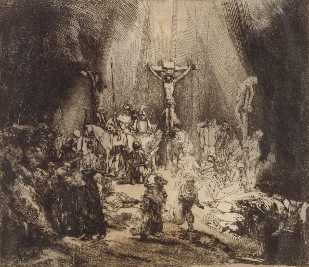 Chrystus ukrzyżowany między dwoma złodziejami: trzy krzyże, 1653 autorstwa Rembrandt van Rijn