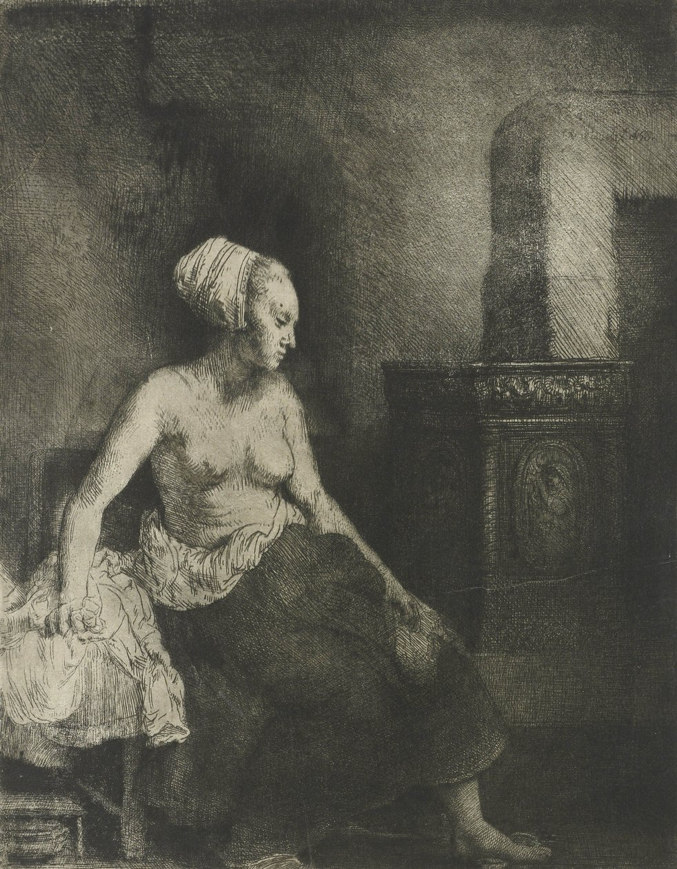 Półnaga kobieta przy piecu, 1658 autorstwa Rembrandt van Rijn