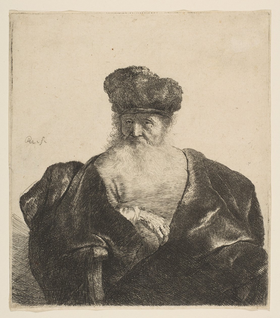Stary człowiek z brodą, futrzaną czapką i aksamitną peleryną, ok. 1631 autorstwa Rembrandt van Rijn