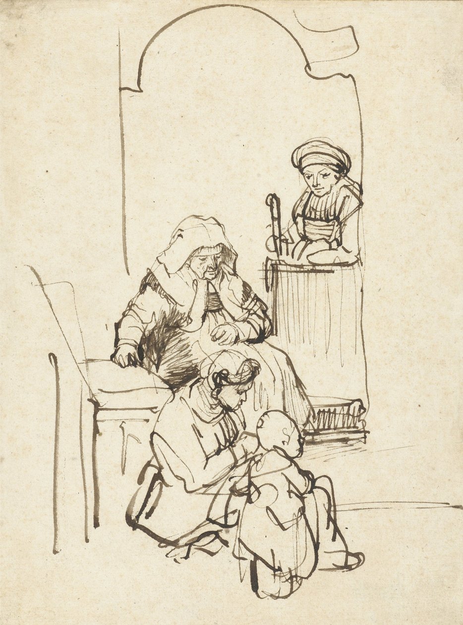 Trzy kobiety i dziecko przy drzwiach, ok. 1645 autorstwa Rembrandt van Rijn