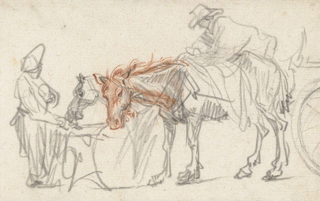 Dwa konie na postoju, ok. 1637 autorstwa Rembrandt van Rijn