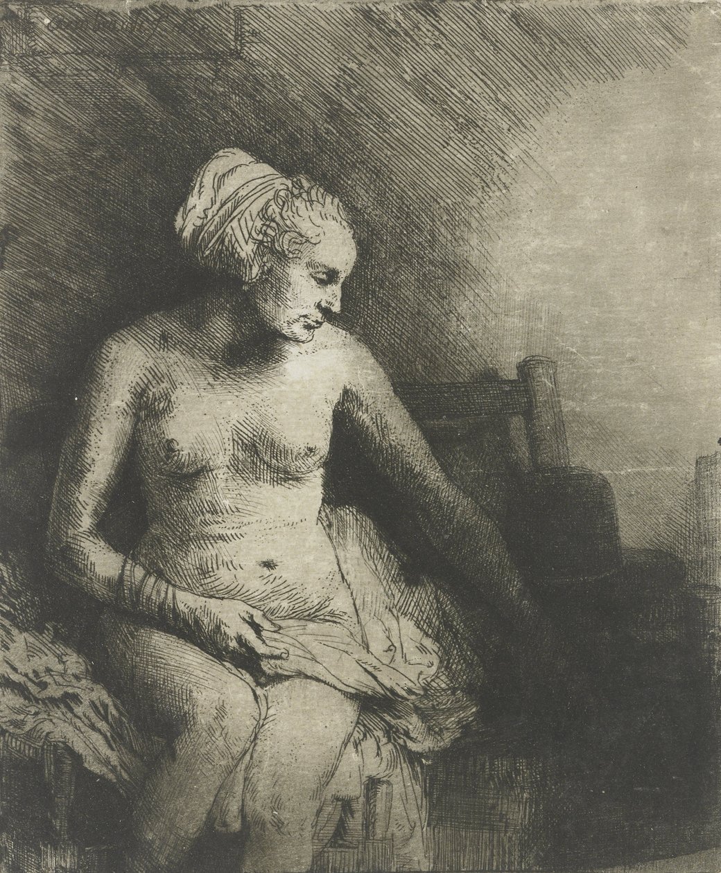 Kobieta w wannie, z kapeluszem obok niej, 1658 autorstwa Rembrandt van Rijn
