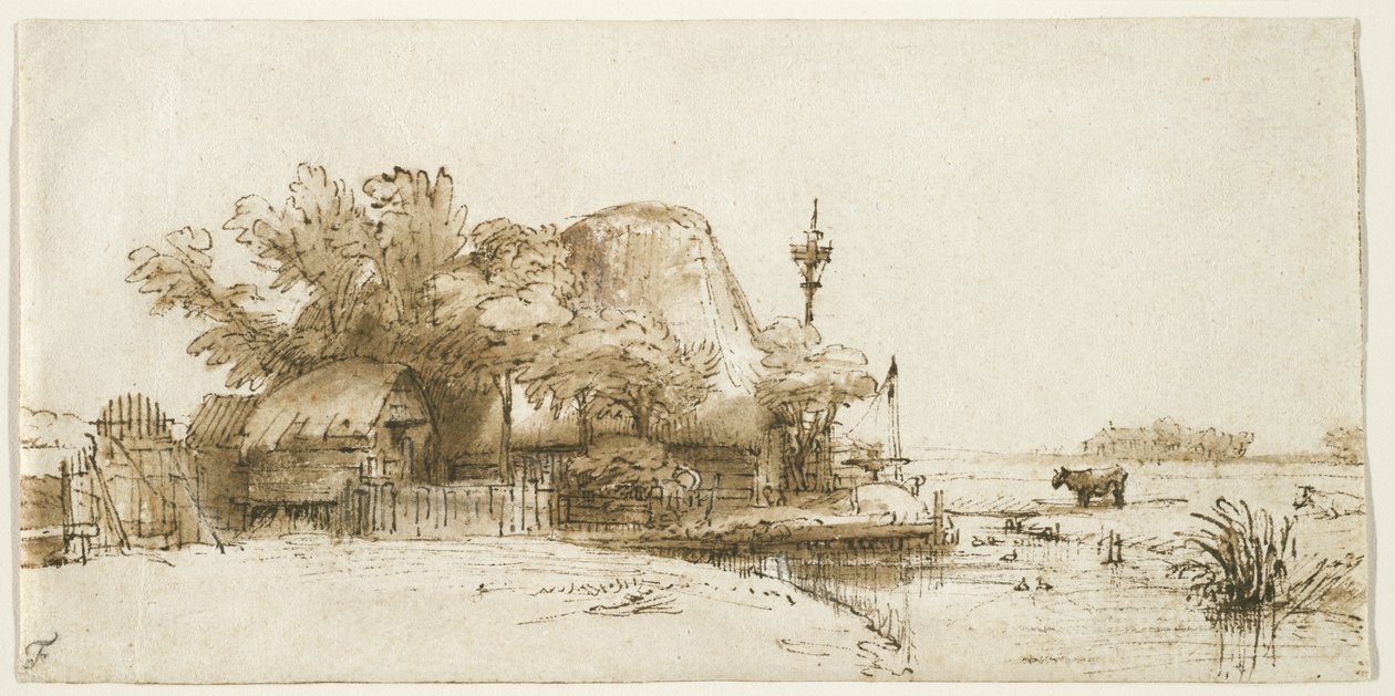 Farma na Amsteldijk, ok.1650-52 (pióro i atrament oraz pranie na papierze) autorstwa Rembrandt van Rijn