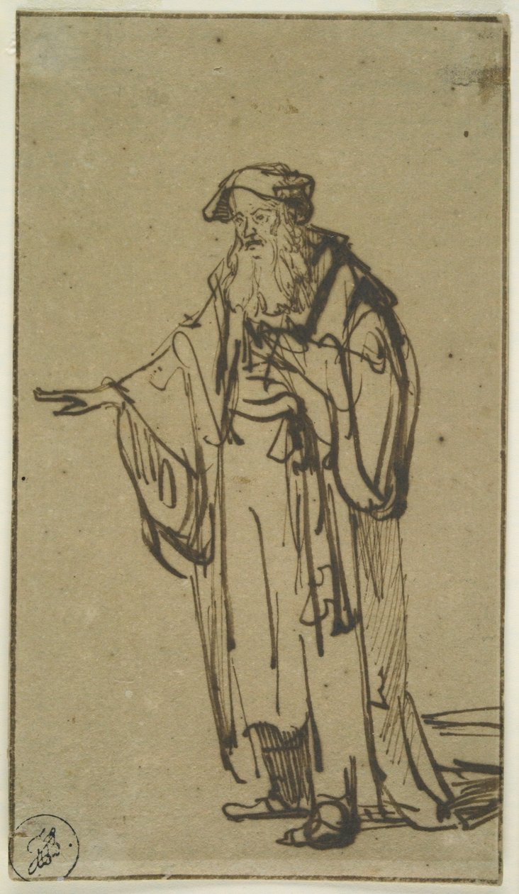 Stojący stary człowiek, ok. 1638 (pióro i atrament z praniem na papierze) autorstwa Rembrandt van Rijn