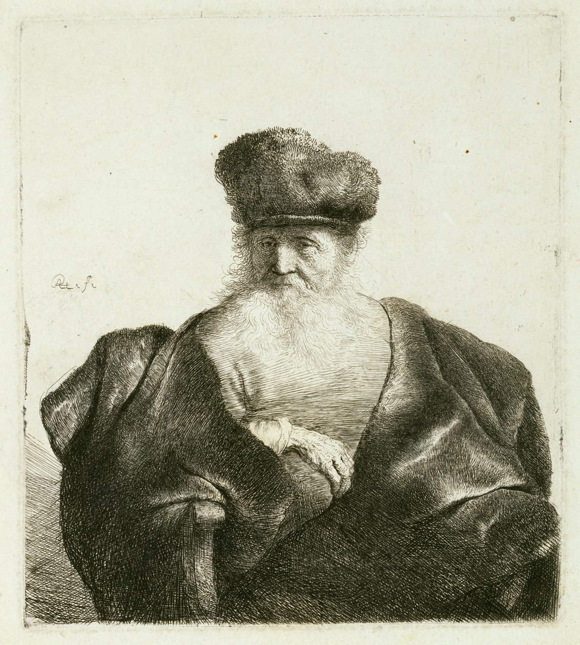 Staruszek z brodą, futrzaną czapką i aksamitną peleryną, ok. 1632 r. autorstwa Rembrandt van Rijn