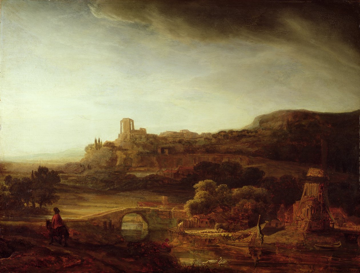 Krajobraz z rzeką i wiatrakiem autorstwa Rembrandt van Rijn
