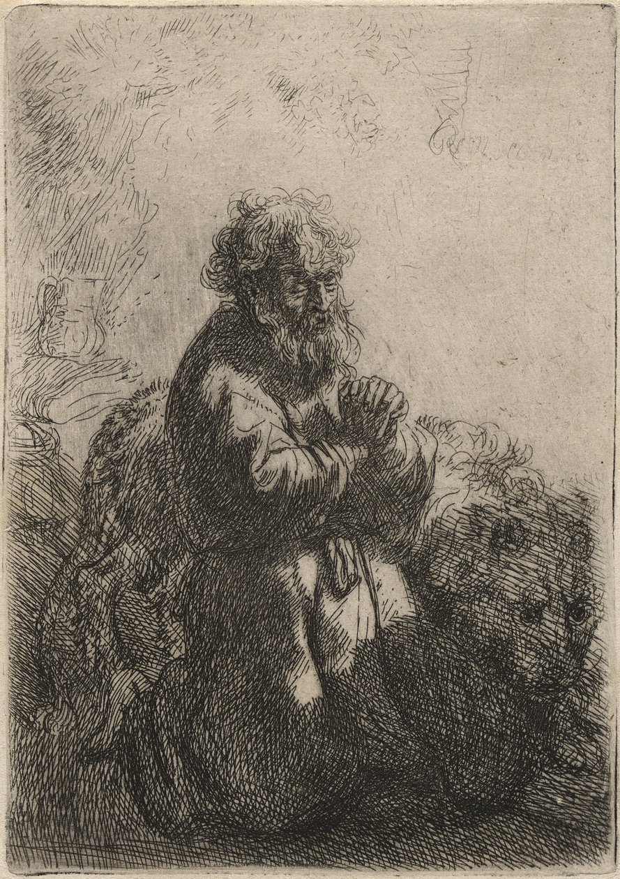 Św. Hieronim klęczący w modlitwie, patrzący w dół, 1635 (akwaforta na papierze) autorstwa Rembrandt van Rijn