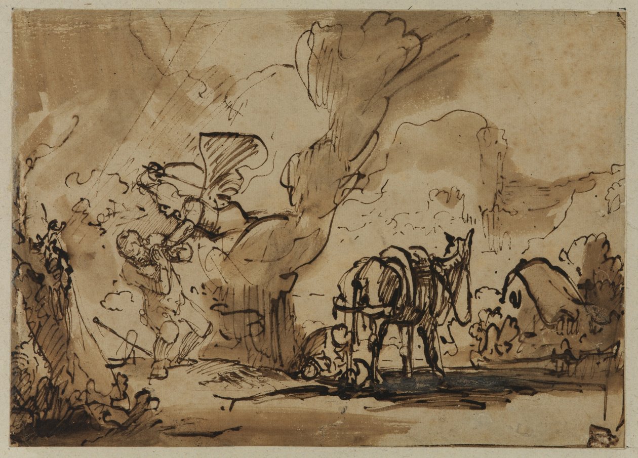 Anioł Pański atakuje Mojżesza, a Cypora obrzeza swojego Syna, aby ukoić gniew Boży (pióro i atrament oraz toaleta na papierze) autorstwa Rembrandt van Rijn