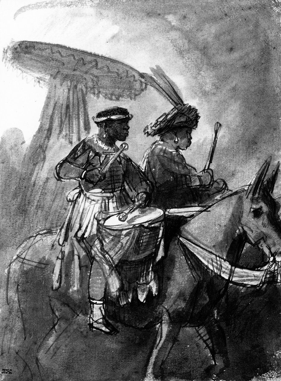 Bębniarz i wódz na mułach, ok. 1638 (pióro, tusz i farba na papierze) autorstwa Rembrandt van Rijn