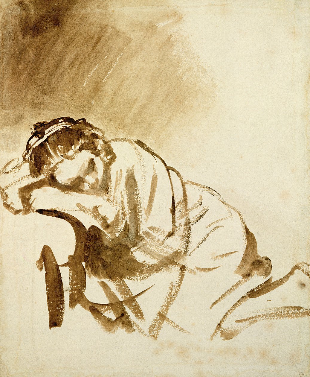 Śpiąca młoda kobieta (Hendrijke Stoffels) ok. 1654 (szczotka i brązowe pranie na papierze) autorstwa Rembrandt van Rijn