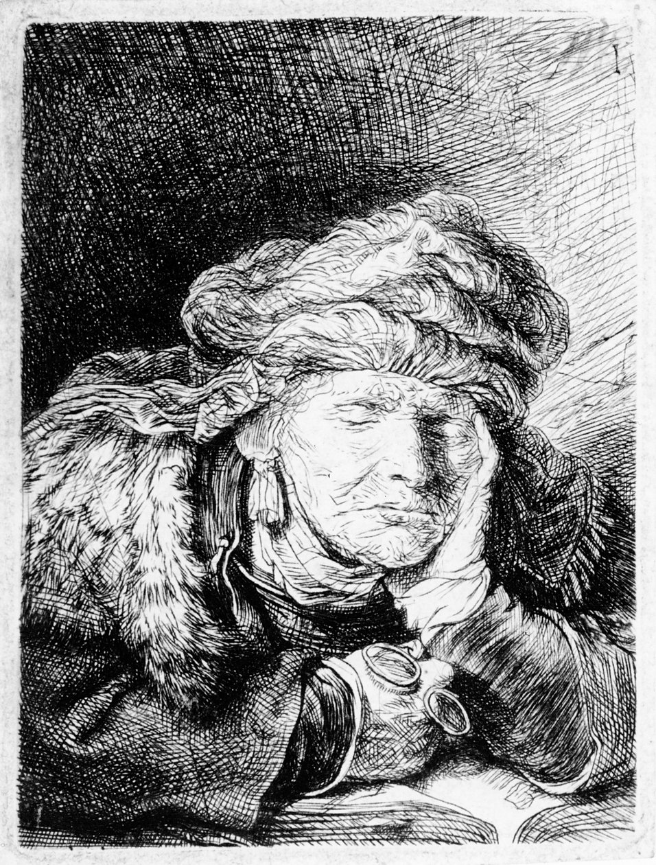 „Stara kobieta śpiąca”, sztychowana przez Francesco Novelli, ok. 1790 autorstwa Rembrandt van Rijn
