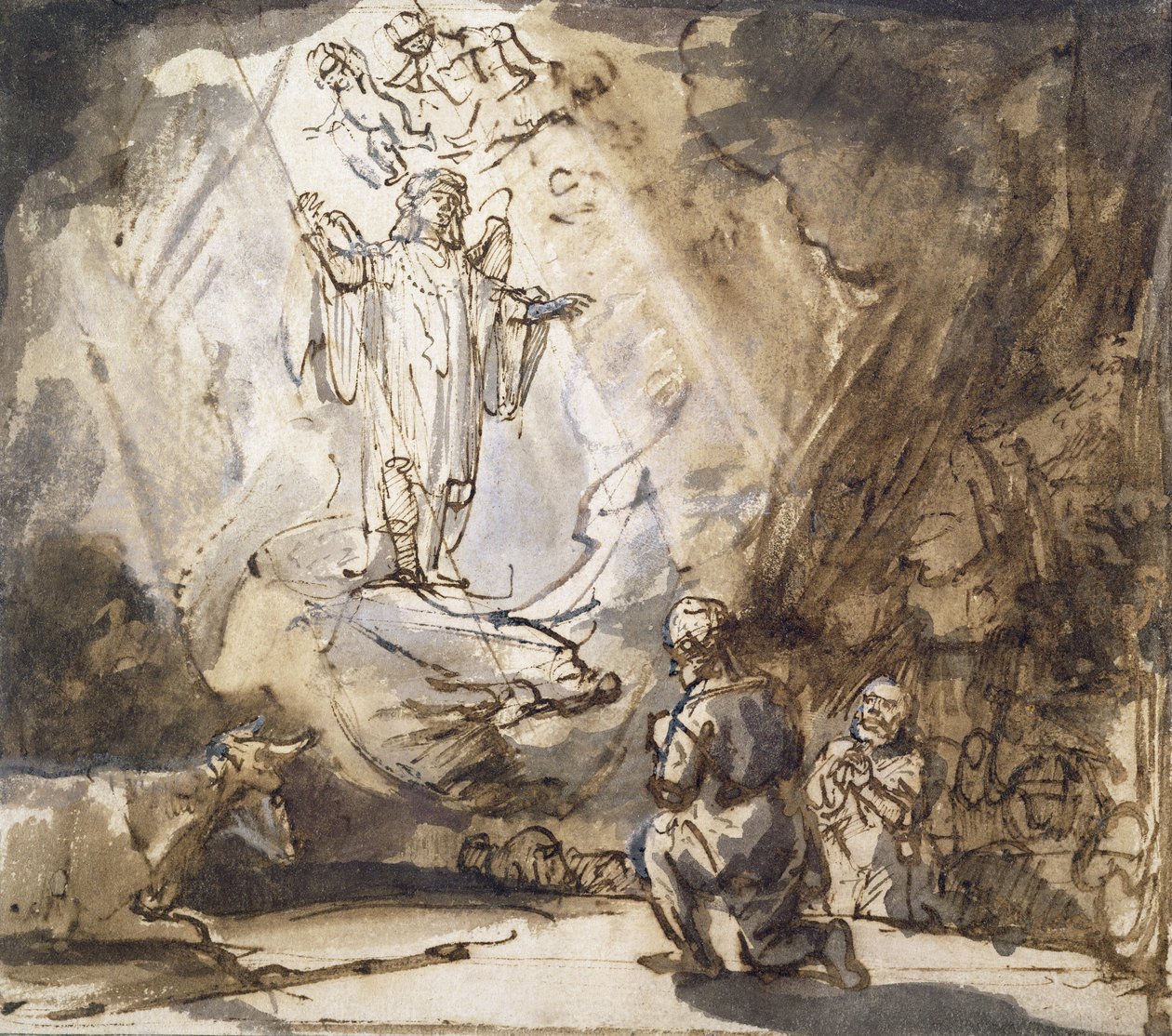 Zwiastowanie pasterzom (pióro i atrament na papierze) autorstwa Rembrandt van Rijn
