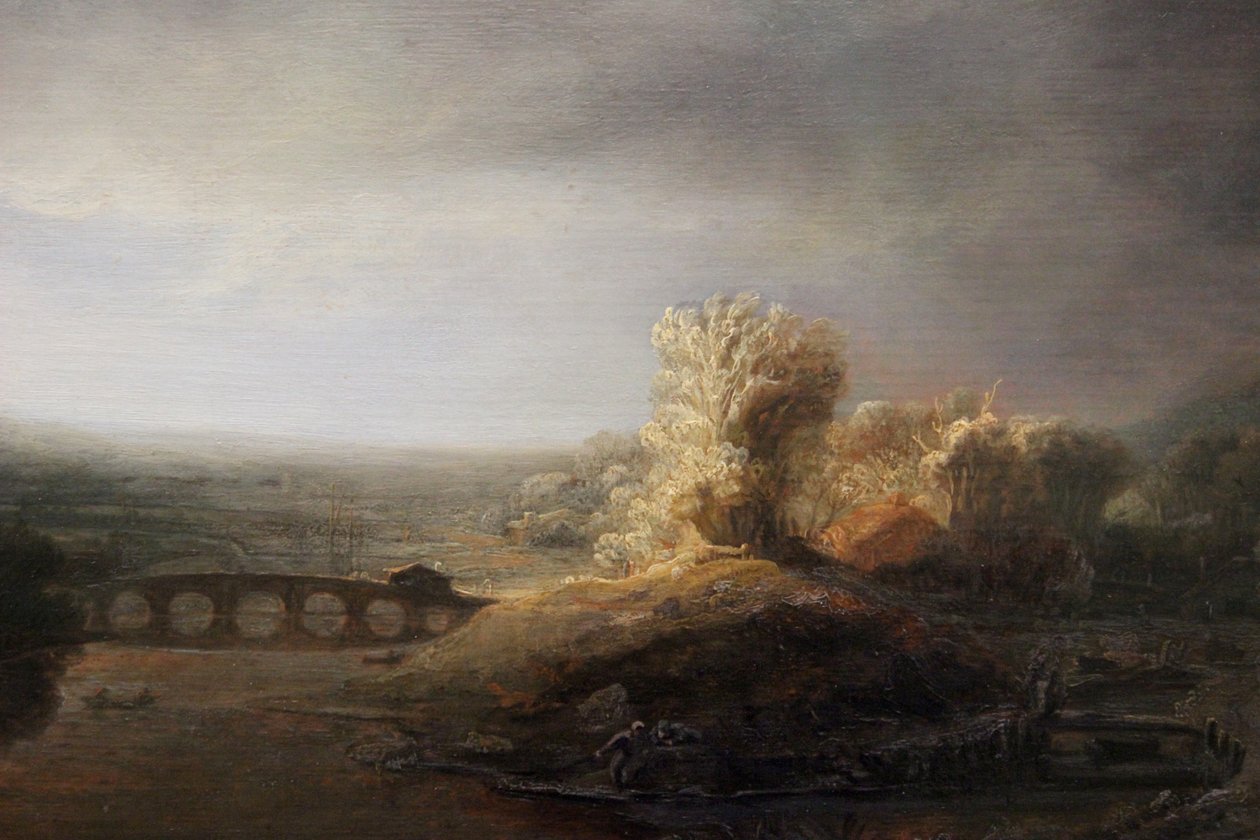 Berliński krajobraz z długim łukowym mostem autorstwa Rembrandt van Rijn