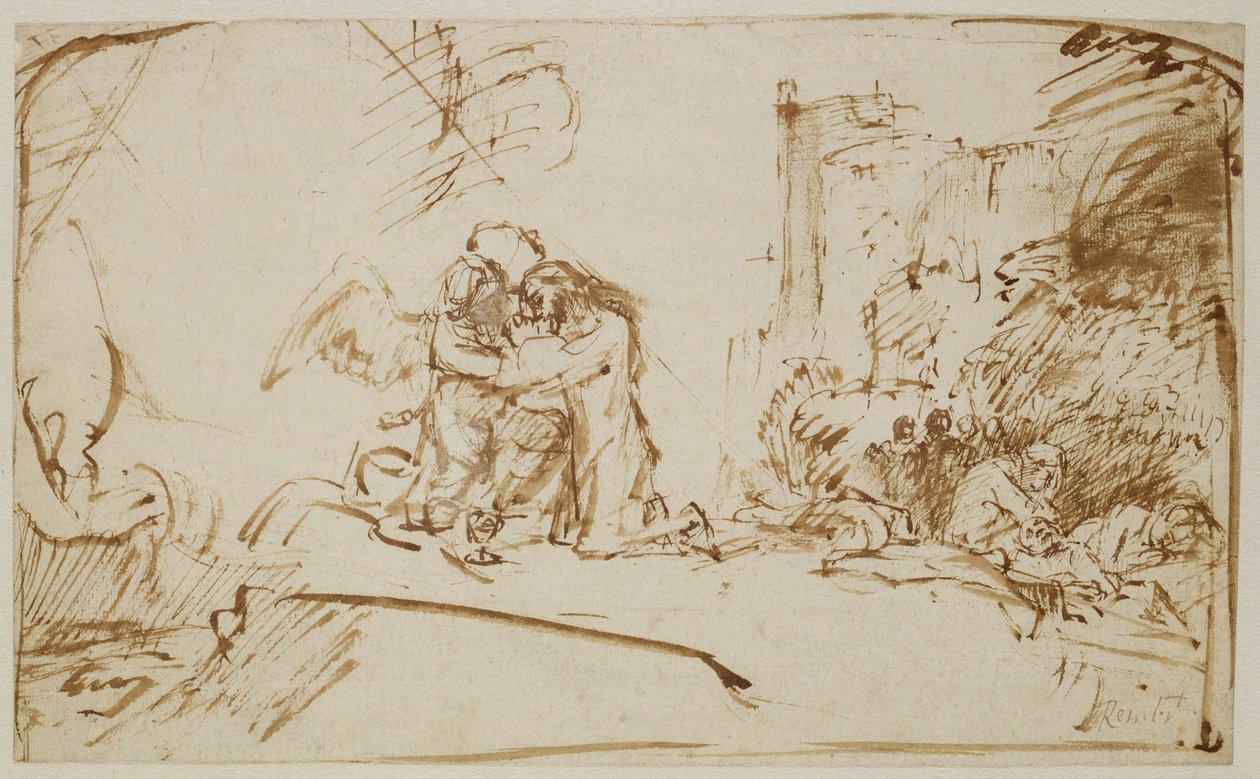 Chrystus na Górze Oliwnej (pióro, pędzel i brązowy tusz na papierze) autorstwa Rembrandt van Rijn