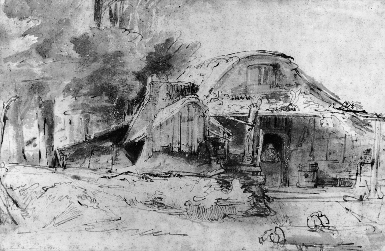 Domek na obrzeżach z drewna (pióro, atrament i brązowe pranie na papierze) autorstwa Rembrandt van Rijn
