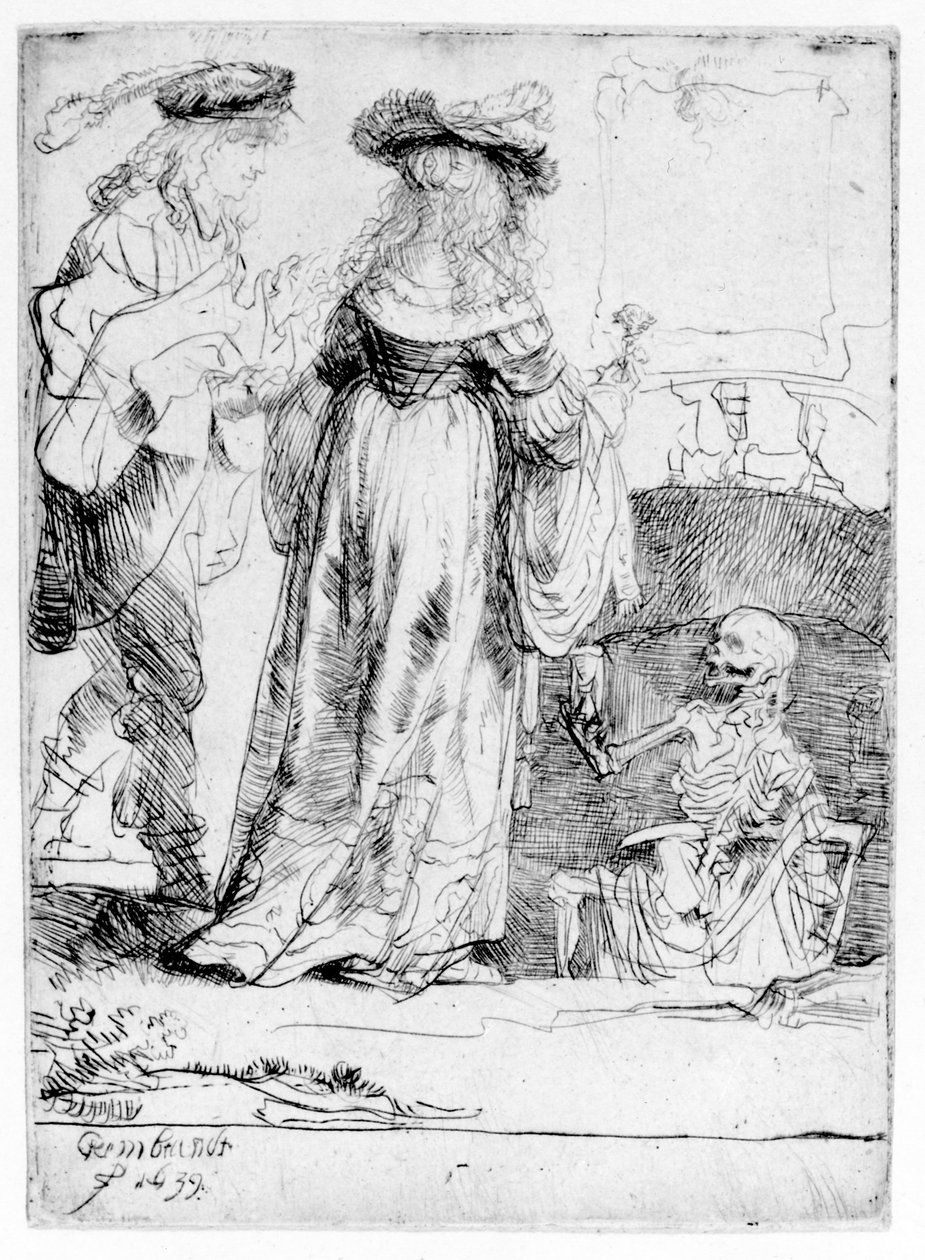 Śmierć ukazująca się małżeństwu z otwartego grobu, 1639 autorstwa Rembrandt van Rijn