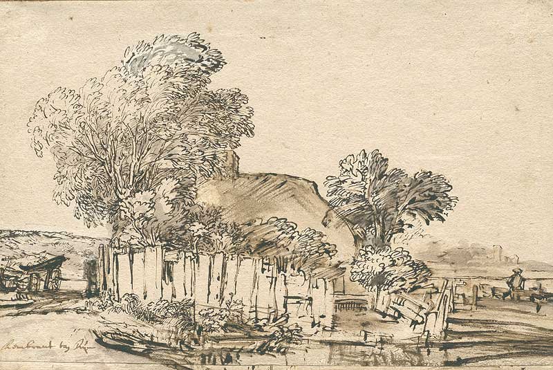 Domek z drewnianym płotem między drzewami autorstwa Rembrandt van Rijn