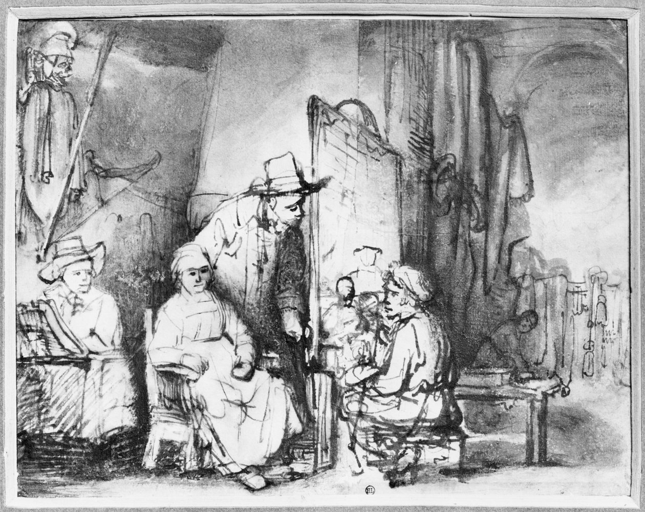 Wnętrze pracowni z malarzem malującym portret pary (pióro, tusz, bistre i pranie na papierze) autorstwa Rembrandt van Rijn