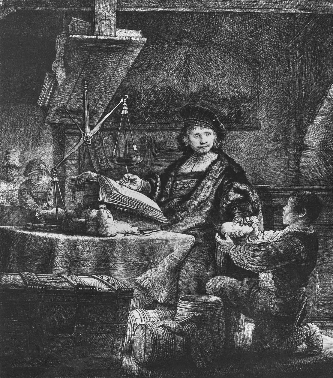 Jan Uytenbogaert „Waga złota”, 1639 (akwaforta i sucha igła) autorstwa Rembrandt van Rijn